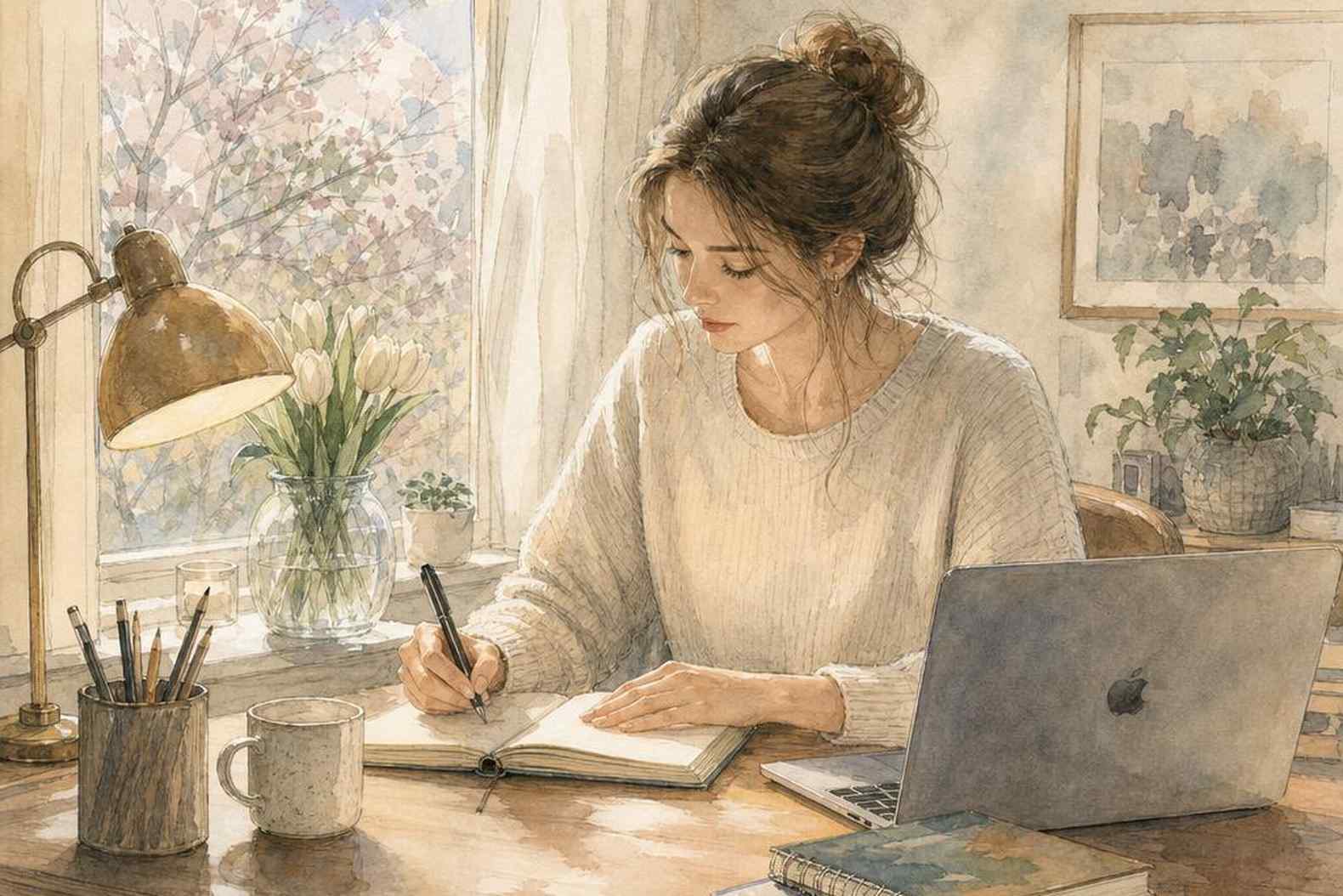 Женщина пишет в дневнике у окна - рисованная иллюстрация акварелью, начало нового
